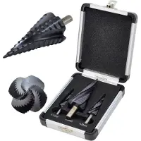 AWTOOLS : Juego de brocas escalonadas en espiral, modelo M2-TIALN. Incluye 3 brocas de 4-12 mm, 4-20 mm y 4-32 mm. Color: azul