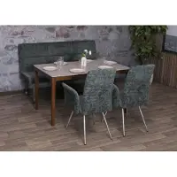 Mendler Conjunto de comedor HWC-G55, juego de 2 sillas con reposabrazos + banco de 160 cm, acero inoxidable cepillado, tapizado en tela tipo chenille, color azul verdoso