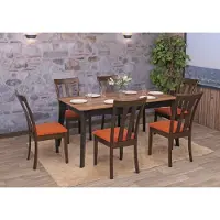 Mendler Juego de 6 sillas de comedor HWC-G46, sillas para cocina, tapizadas en tela/textil, estructura de madera maciza, color oscuro, con asiento naranja