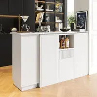 MODFU : Mesa multifuncional – isla de cocina con espacio de almacenamiento mediante rejillas y puertas, armario de estilo moderno con puertas y detalles de mármol, color blanco