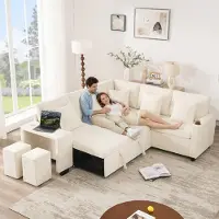 Merax Sofá cama en forma de L de , sofá de esquina con función de cama, espacio de almacenamiento, puerto USB, portavasos, cojines, sofá cama para sala de estar y cine en casa, color beige