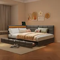 UnboxG Cama juvenil de 140x190 cm con USB y Tipo-C, cama infantil convertible en sofá con cajón y compartimento de almacenamiento, cama con espacio de almacenamiento, diseño clásico, color gris