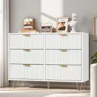 ProximaX Cómoda con 6 cajones, color blanco, frente con relieve, tiradores dorados, patas, mueble de almacenamiento para dormitorio/salón, 100x34x73 cm