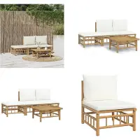 vidaXL Juego de jardín de 4 piezas con cojines color crema, fabricado en bambú. Juego de jardín para relajarse. Conjunto de muebles de jardín para relajarse. Juego de muebles de jardín