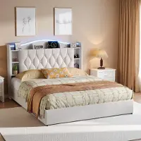UnboxG Cama tapizada de 140x190 cm, color beige, con iluminación LED y espacio de almacenamiento. Cama doble de terciopelo con sistema hidráulico de apertura, puertos USB, carga inalámbrica y cabecero