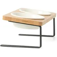 Unyqoos Caja de cerámica para comida de perros y gatos, con base de madera maciza, de 2 piezas, color verde, tamaño S