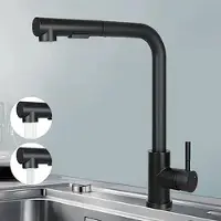 ZMH : Grifo de cocina negro. Grifo extraíble. Grifo con rociador. Grifo para lavabo. Grifo giratorio de 360°. Acero inoxidable con 2 tipos de chorro