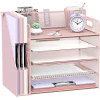 OEM Organizador de escritorio de 5 niveles, color rosa, con portalápices y bandeja para documentos
