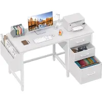 Unyqoos Mesa de ordenador blanca compacta de 120x50 cm con estructura de metal, espacio de almacenamiento y 2 cajones, ideal para el teletrabajo y la oficina