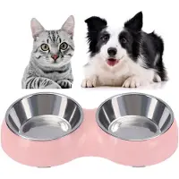 Unyqoos : Plato multifuncional para comida y agua para perros y gatos, color rosa, con cuenco de acero inoxidable extraíble, carcasa de ABS y base antideslizante