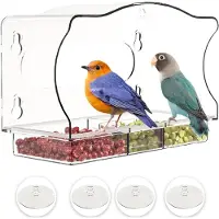 Unyqoos Comedero para pájaros transparente de , fabricado en acrílico, con 4 ventosas, orificios de drenaje y desmontable. Diseñado para evitar el acceso de ardillas