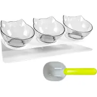 Unyqoos Plato para comida para gatos y perros pequeños, inclinable 3 en 1, con una inclinación de 15°, elevado, capacidad de 3 x 200 ml, antideslizante, transparente/blanco, 43 x 14 x 14 cm, plástico