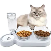 Unyqoos - Plato para comida de gato 3 en 1 con elevación: platos inclinables de 15°, 2 cuencos giratorios y una fuente de agua integrada de 500 ml para comida seca y húmeda
