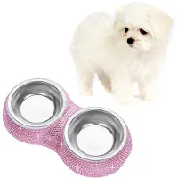 Unyqoos - Plato doble para comida – 2 platos de acero inoxidable con incrustaciones de strass, color rosa, plato para comida y agua para perros y gatos