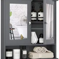 Markenlos Armario alto para baño con espejos dobles, armario espejo de madera con 3 compartimentos, armario moderno con interior ajustable, 56 x 13 x 58 cm, color gris