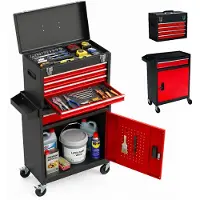 Relaxdays Carrito de taller , con 5 cajones y una caja superior, con cerradura, dimensiones: 104 x 59,5 x 28 cm, carro con ruedas, acero, color negro y rojo