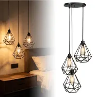 VA-Cerulean Lámpara colgante de 3 luces, con base redonda, diseño vintage y rejilla. Lámpara colgante negra, con altura ajustable e incluye bombilla E27, ideal para comedor o salón