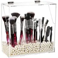 OEM Organizador acrílico transparente con tapa y perlas blancas, con 3 compartimentos ajustables