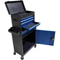Relaxdays Carrito de taller , con 5 cajones y una caja superior, con cerradura, dimensiones: 104 x 59,5 x 28 cm, carro con ruedas, acero, color negro y azul