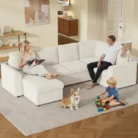 Merax Sofá modular en forma de L para 4 personas, con 2 otomanas con espacio de almacenamiento, sofá cama, sofá de chenilla, sofá para sala de estar y habitación de invitados, color beige