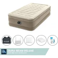 Intex Colchón inflable - 1 persona - 99 x 191 x 46 cm - Beige - Con bomba integrada, sábana ajustable blanca, almohada, fundas de almohada de molton 2 en 1 y kit de reparación