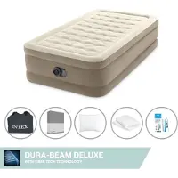 Intex Colchón inflable - 1 persona - 99 x 191 x 46 cm - Beige - Con bomba integrada, sábana ajustable color antracita, almohada, fundas de almohada de molton 2 en 1 y kit de reparación