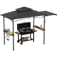 QEENTOE : Pabellón para barbacoa con toldo lateral, techo doble, 2 estanterías laterales y ganchos, cubierta impermeable para barbacoa, dimensiones: 245 x 141 x 253 cm, color gris