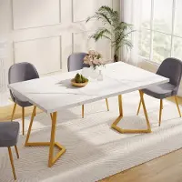 Tribesigns : Mesa de comedor moderna dorada, 140 cm, mesa de comedor blanca con patas de metal, mármol artificial, mesa pequeña para comedor o cocina, ideal para 6 personas