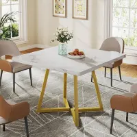 Tribesigns : Mesa de comedor, mesa pequeña, mesa de cocina, mesa para comedor, 80 x 80 cm, para 4 personas, patas de metal con diseño industrial, en dorado y blanco