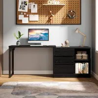 Tribesigns , escritorio en forma de L con cajones y estanterías, escritorio de esquina reversible con armario de almacenamiento, mesa moderna para oficina en casa, color negro
