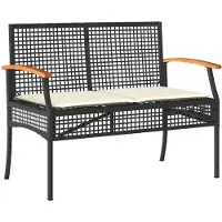 vidaXL Banco de jardín con cojín, color negro, fabricado con ratán sintético y madera de acacia