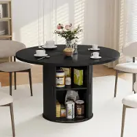 StarTech.com Mesa redonda para comedor - Mesa para cocina y comedor - Diámetro de 120 cm - Estante de 2 niveles - Puerta corredera de madera - Para 6 personas - Color negro