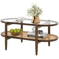 Costway , mesa de centro, mesa auxiliar con marco de madera, superficie de vidrio y estante de ratán, mesa para sofá, mesa de sala de estar, 102x56x47 cm
