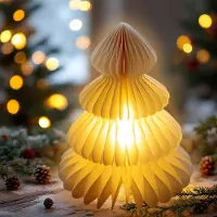 Spetebo Árbol de Navidad de papel con luces LED blanco cálido, con temporizador, de 28 cm. Adorno navideño en forma de abeto, plegable y con iluminación, que funciona con pilas