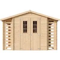 Timbela Casa de jardín de madera con cobertizo para leña M391C+M391G - con suelo tratado - 3,53 + 0,97 + 0,97 m2