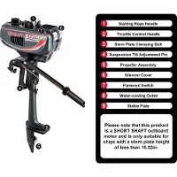 OEM Motor fuerabordable, con una potencia de 2,5 kW, un desplazamiento de 49 cm³, una potencia de 3,5 CV, arranque manual y refrigeración por agua parcial