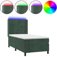 Syfax Cama box spring colchón y LED terciopelo verde oscuro 90x190 cm