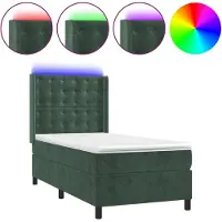 Syfax Cama box spring colchón y LED terciopelo verde oscuro 90x200 cm