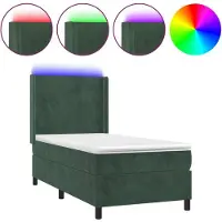 Syfax Cama box spring colchón y LED terciopelo verde oscuro 90x200 cm