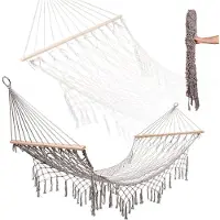 Kik Creative Corner: Hamaca de jardín estilo bohemio, malla con flecos, gris, 200 cm