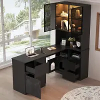 Great han Escritorio para ordenador con estantería y vitrina LED, dimensiones 120x80x180 cm, con cajones y orificio para cables