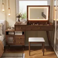 Merax Mesa de maquillaje con espejo abatible con LED y 3 tonos de luz, mesa de maquillaje 2 en 1, escritorio con taburete, 3 cajones, cómoda de maquillaje, color nogal