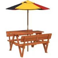 vidaXL Mesa de picnic para 4 niños de , con sombrilla, fabricada en madera maciza de abeto