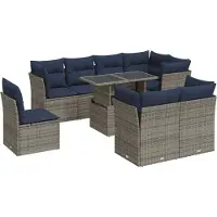 vidaXL Juego de jardín de 9 piezas con sofá, cojines, estructura de ratán sintético, color gris, con patas de acacia