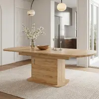 Flieks Mesa de comedor oval extensible con espacio de almacenamiento, mesa de comedor multifuncional con tirador plateado, mesa de cocina de 140-200 cm, color roble