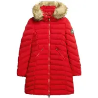 Superdry para mujer. W5011789A Abrigo de largo medio con capucha y ribete de pelo sintético Fuji rojo (S), Casual, Poliéster Reciclado, Sost