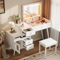 Flieks Tocador con espejo abatible, tocador con detalles en cuero, mesa de tocador que también sirve como escritorio con taburete, cómoda de maquillaje con armario, 120x77.5x50 cm, blanco