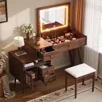 Flieks Tocador con espejo abatible, tocador con revestimiento de cuero, mesa de tocador que también sirve como escritorio con taburete, cómoda de maquillaje con armario, 120x77.5x50 cm, color nogal