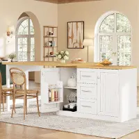 Flieks Isla de cocina multifuncional con encimera extensible y giratoria de 360°, mesa de comedor con estante para aperitivos, cierre magnético, mesa de cocina, color blanco