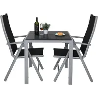 StarTech.com Conjunto de jardín de 3 piezas: mesa de jardín con 2 sillas, para 2 personas. Respaldo ajustable y plegable, fabricado en textilene, aluminio y plástico. Color negro con borde plateado